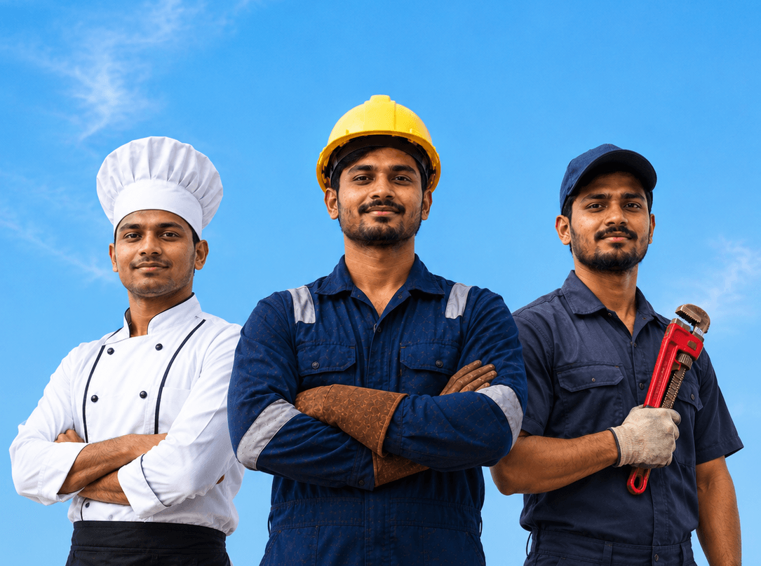 A construction worker in a hard hat looking out confidently, arms crossed, against a bright blue sky.